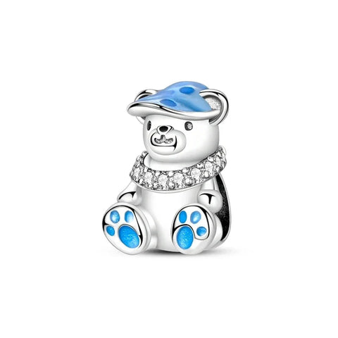Silver Pandora Bear Charm Blue Eyes Accent Charm - Silver Pandora Bear Charm Blue Eyes Accent Charm - Compatible with Pandora Bracelets