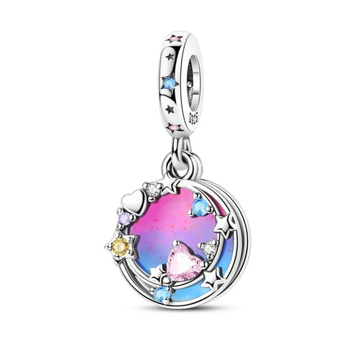 Silver Pandora Charm Colorful Stars Moon Magenta Accent Charm - Silver Pandora Charm Colorful Stars Moon Magenta Accent Charm - Compatible with Pandora Bracelets