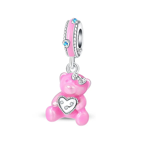 Silver Pink Bear Charm Heart Magenta Accent Charm - Compatible with Pandora Bracelets