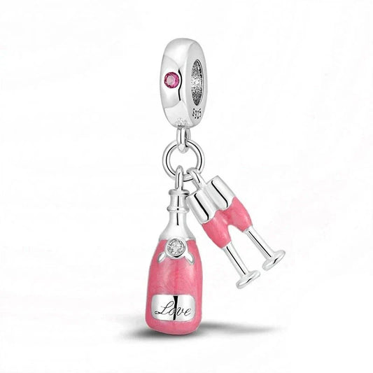 Pandora Silver Pink Champagne Bottle Charm Crystal Red Accent