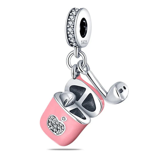 Silver Pink Earphone Charm White Background Red Accent