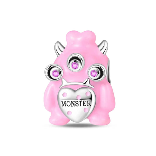 Silver Pink Monster Charm Word Accent Charm - Compatible with Pandora Bracelets
