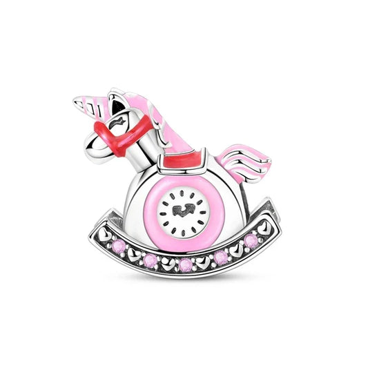 Silver Pink Rocking Horse Charm Clock Red Accent Charm - Compatible with Pandora Bracelets