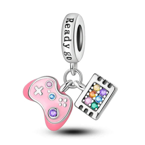 Silver Pink Video Game Controller Charm Heart Orange Accent - Silver Pink Video Game Controller Charm Heart Orange Accent