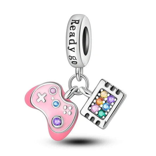 Silver Pink Video Game Controller Charm Heart Orange Accent