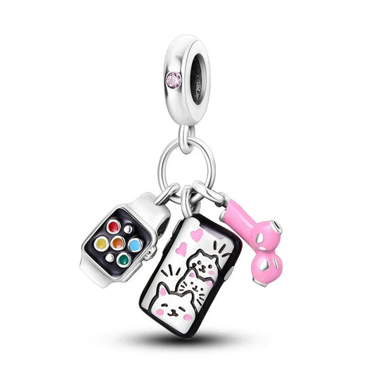 Silver Pink White Charm Cat Phone Yellow Accent