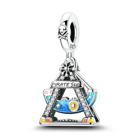 Silver Pirate Ship Charm Flag Blue Accent Charm - Silver Pirate Ship Charm Flag Blue Accent Charm - Compatible with Pandora Bracelets