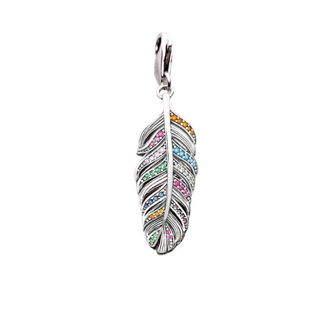 Silver Plated Charm Colorful Feather Orange Accent Charm - Silver Plated Charm Colorful Feather Orange Accent Charm - Compatible with Pandora Bracelets