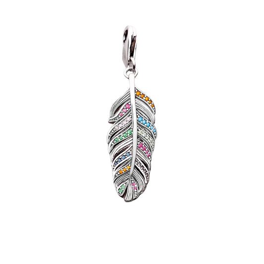 Silver Plated Charm Colorful Feather Orange Accent Charm - Compatible with Pandora Bracelets