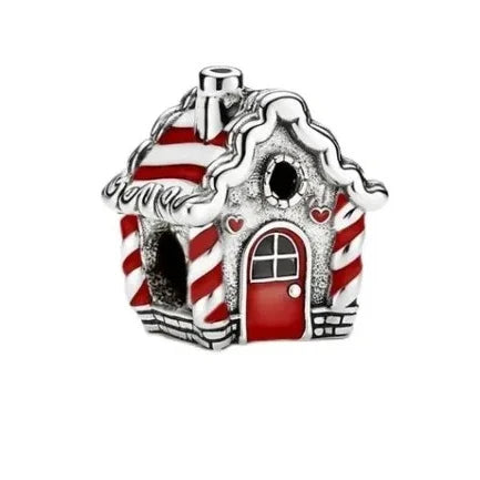 Silver Red White Candy Cane House Charm Accent Charm - Silver Red White Candy Cane House Charm Accent Charm - Compatible with Pandora Bracelets