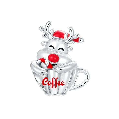 Silver Reindeer Holding Cup Coffee Charm Red - Pandora Silver Reindeer Holding Cup Of Coffee Charm Red Accent