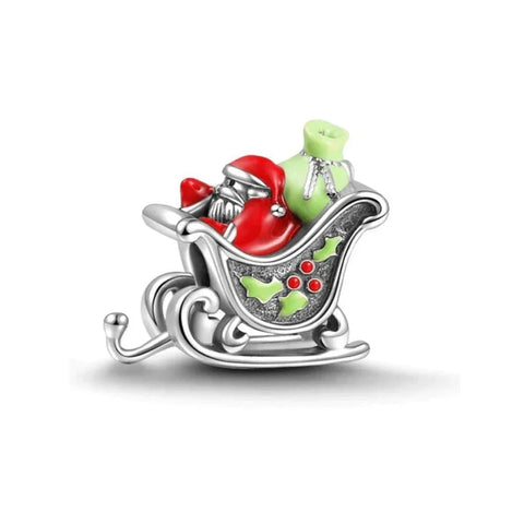 Pandora Silver Santa Claus Sleigh Charm Red Accent