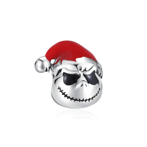 Silver Skull Charm Red Santa Hat Accent Charm - Compatible with Pandora Bracelets