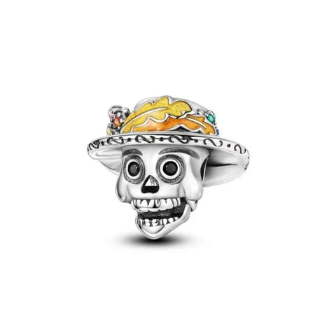 Silver Skull Sombrero Charm Orange Accent Charm - Compatible with Pandora Bracelets
