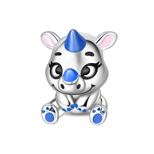 Silver Small Blue Rhino Toy Charm Accent Charm - Compatible with Pandora Bracelets