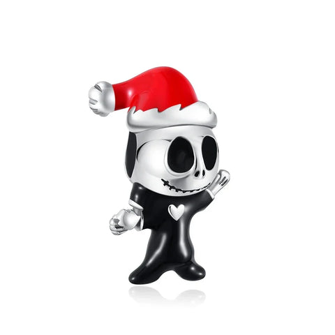 Silver Small Figurine Skeleton Wearing Santa Hat Charm Red Accent Charm - Silver Small Figurine Skeleton Wearing Santa Hat Charm Red Accent Charm - Compatible with Pandora Bracelets