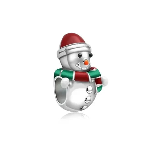 Silver Snowman Charm Red Scarf Green Hat Orange Accent Charm - Compatible with Pandora Bracelets