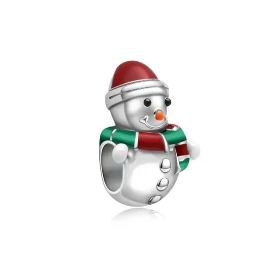 Silver Snowman Charm Red Scarf Green Hat Orange Accent Charm - Compatible with Pandora Bracelets