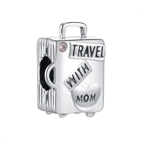 Silver Suitcase With The Words Travel Mom Charm - Silver Suitcase With The Words Travel Mom Charm