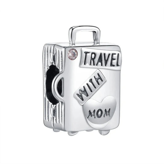 Silver Suitcase With The Words Travel Mom Charm