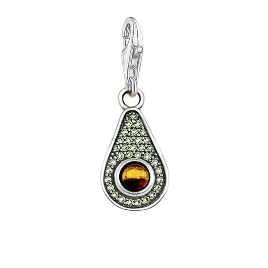Silver Tear Shaped Pendant Green Stone Charm Yellow Accent Charm - Compatible with Pandora Bracelets