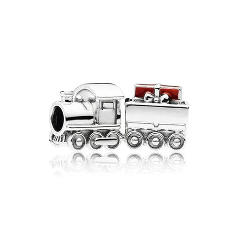Silver Train With Red And White Flowers Charm - Silver Train With Red And White Flowers Charm