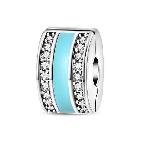 Silver Turquoise White Diamond Beaded Charm Cyan Accent Charm - Compatible with Pandora Bracelets
