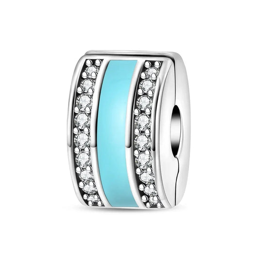 Silver Turquoise White Diamond Beaded Charm Cyan Accent Charm - Compatible with Pandora Bracelets