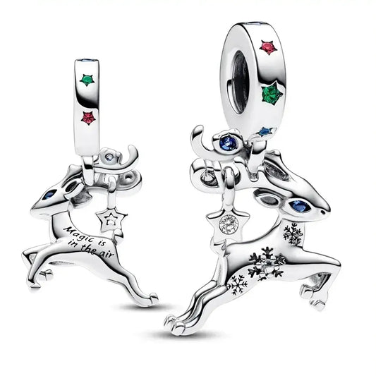 Pandora Silver Two Deer Charms Colorful Stones Charm Green Accent