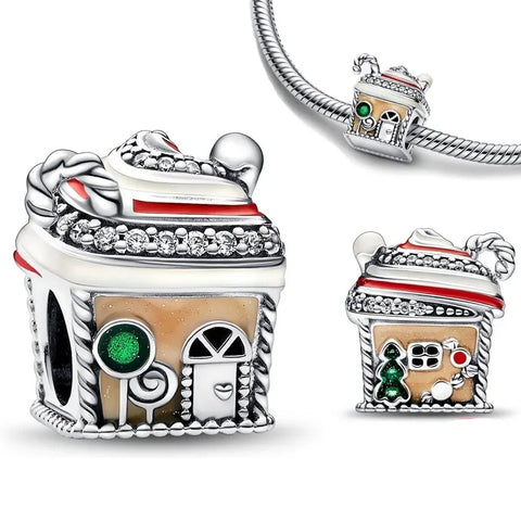 Pandora Silver White Christmas House Charm Bow Green Accent