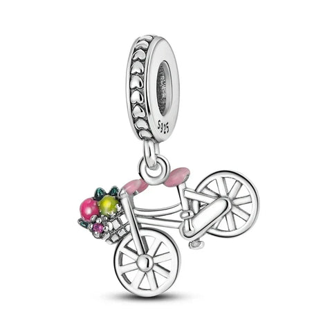 Silver With Bicycle And Flowers Charm