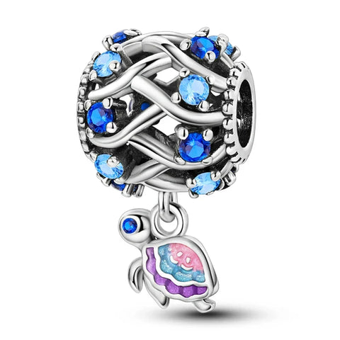 Silver With Blue And Pink Turtle Charm - Silver With Blue And Pink Turtle Pandora Charm
