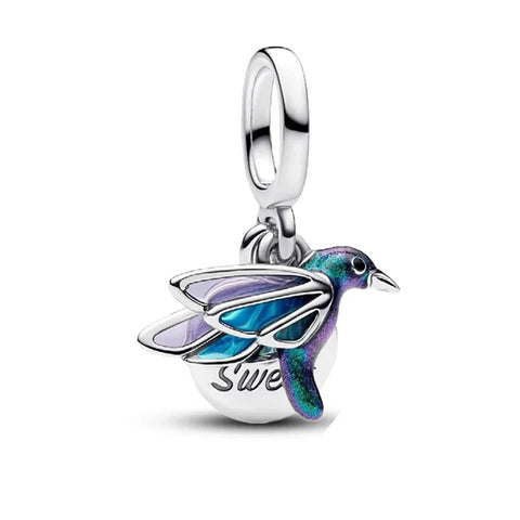 Silver Hummingbird Charm Cyan Accent