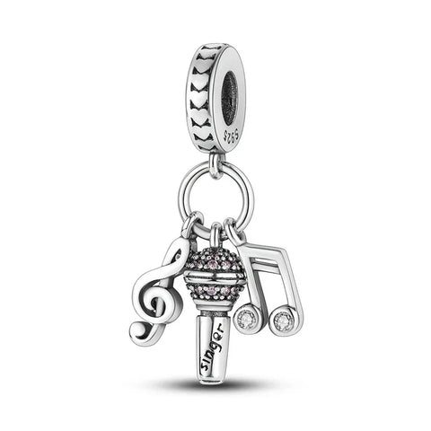 Silver With Microphone And Music Notes Charm - Silver With Microphone And Music Notes Charm