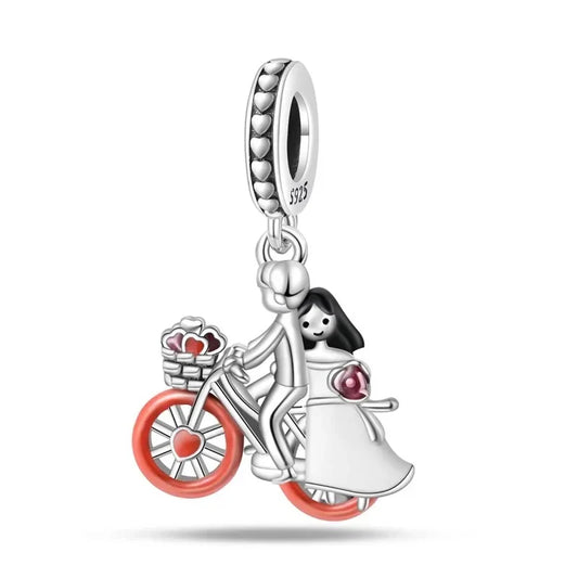 Silver With Woman Riding Bicycle Charm