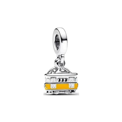 Silver Yellow White Bus Charm Background Accent Charm - Silver Yellow White Bus Charm Background Accent Charm - Compatible with Pandora Bracelets