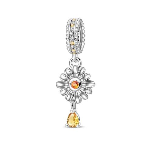 Silver Yellow White Flower Charm Drop Water Orange Accent Charm - Compatible with Pandora Bracelets