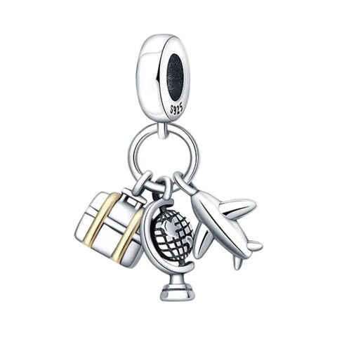 Silver Plane, Globe and Gold Striped Suitcase Triple Dangle Charm - Silver Plane, Globe and Gold Striped Suitcase Triple Dangle Charm