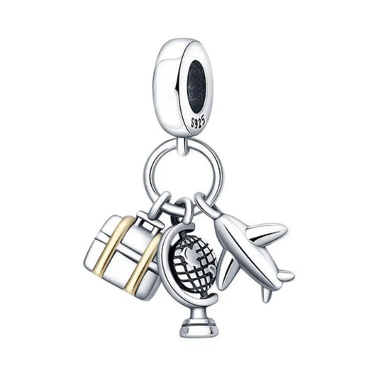 Silver Plane, Globe and Gold Striped Suitcase Triple Dangle Charm