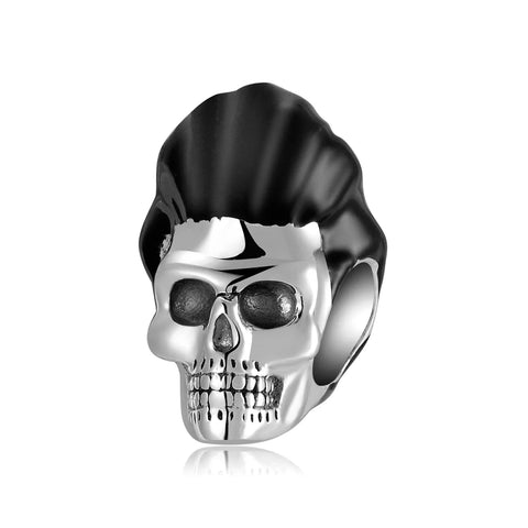 Skull Black Hair On Silver Charm - Skull Black Hair On Silver Charm