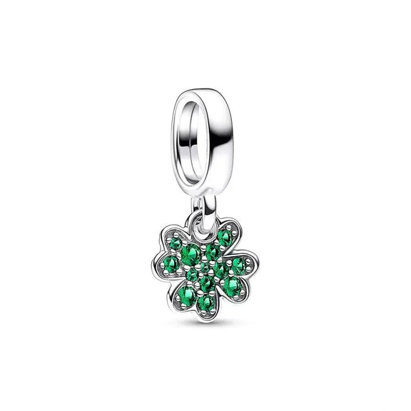 Sparkling Green Clover Charm for Pandora Bracelets - Silver lucky four-leaf clover charm adorned with green cubic zirconia.