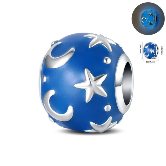 Starry Night Charm - Blue celestial charm with silver stars and crescent moons on a sterling silver base.