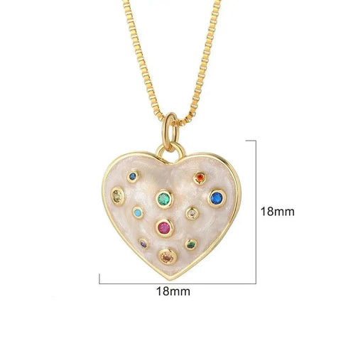 Multicolor Gemstone Heart Pendant Necklace with Gold-Plated Chain - Gold-plated heart pendant necklace with multicolor gemstones, pendant measures mm by mm.