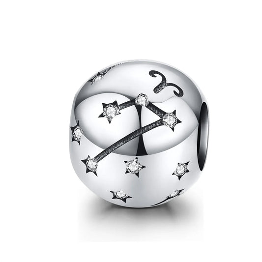 Sterling silver Aries constellation charm with cubic zirconia, fits Pandora bracelets