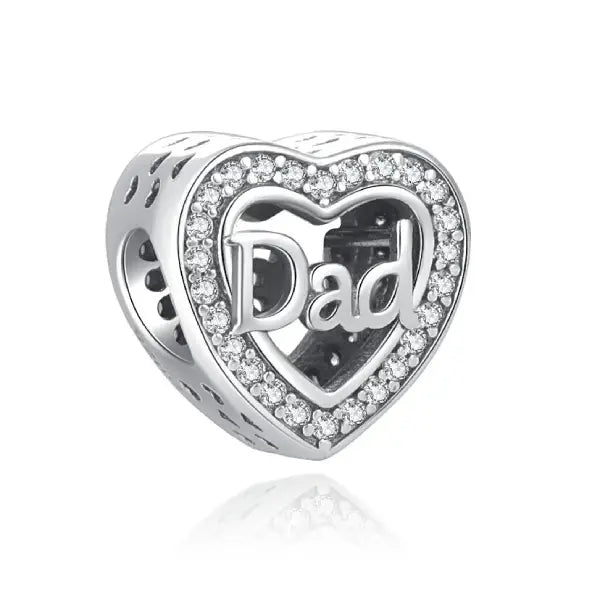 Sterling silver heart charm with "Dad" and cubic zirconia, fits Pandora bracelets