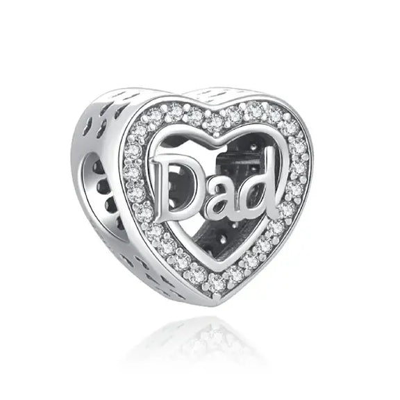 Sterling Silver Dad Heart Charm for Pandora Bracelets - Sterling silver heart charm with "Dad" and cubic zirconia, fits Pandora bracelets