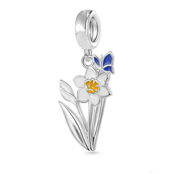 Sterling Silver Daffodil Flower Charm for Pandora Bracelets - Sterling silver daffodil flower charm with a blue butterfly, fits Pandora bracelets