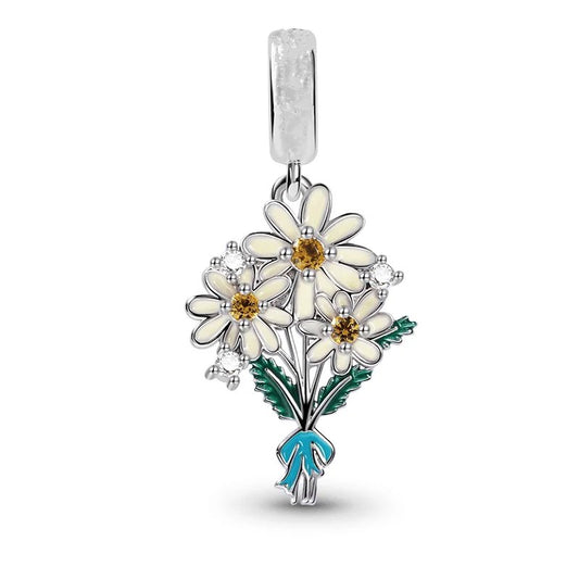 Sterling silver daisy bouquet charm with yellow centers, fits Pandora bracelets