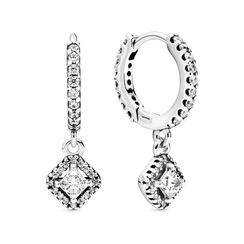 Sterling Silver Drop Earrings Square Crystal Design - Sterling silver drop earbands with square crystal design, featuband intricate detailing.