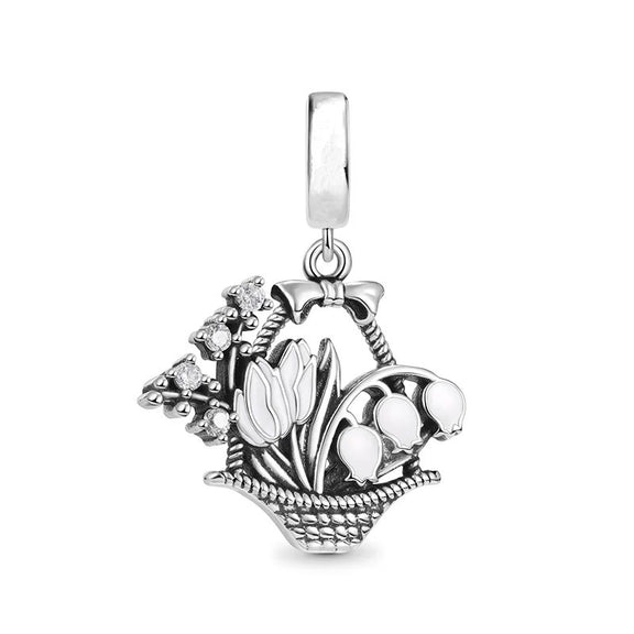 Sterling Silver Flower Basket Charm for Pandora Bracelets - Sterling silver flower basket charm with assorted flowers, fits Pandora bracelets